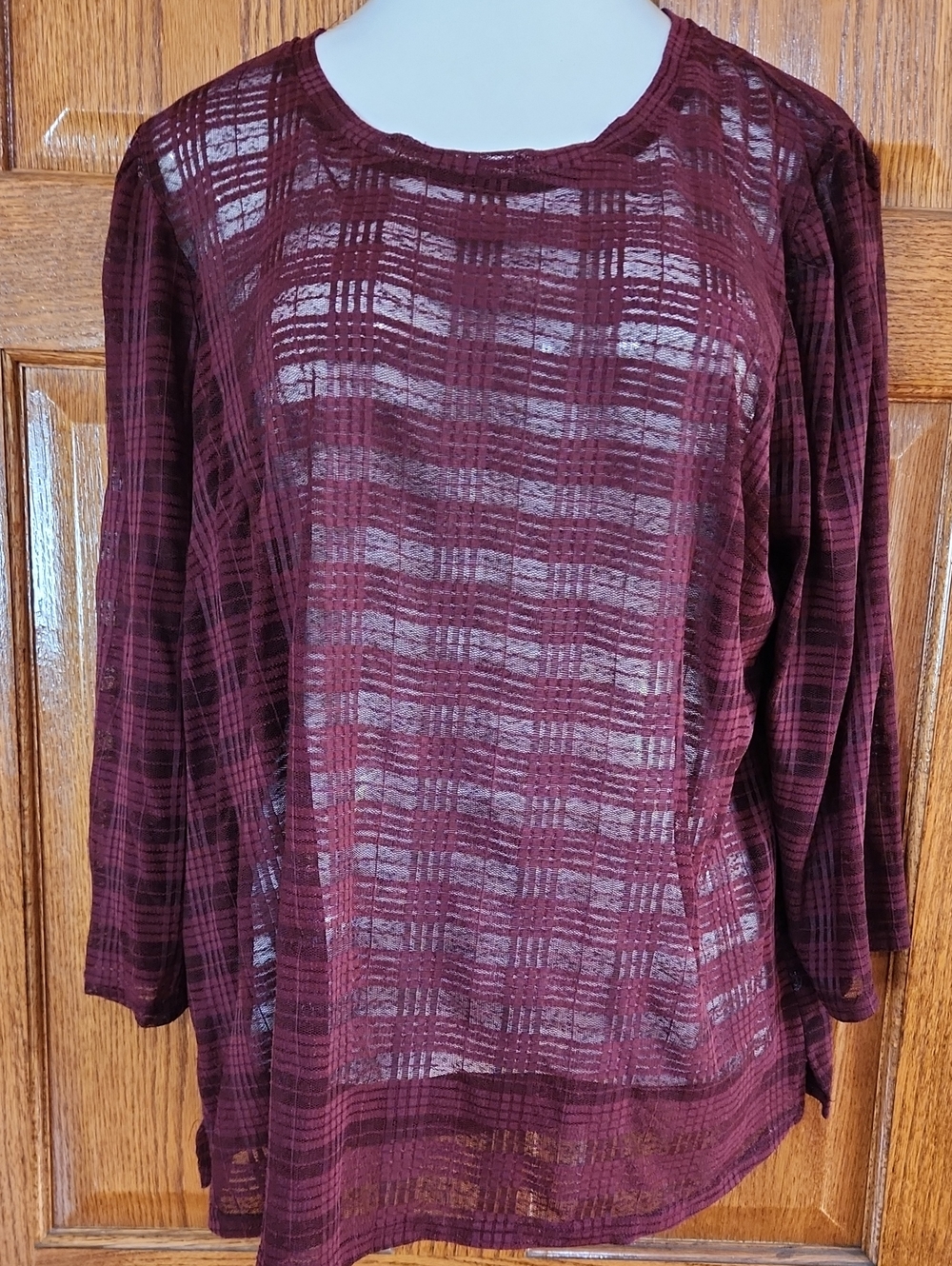 Cato Women’s Burgundy Sheer Plaid Long-Sleeve Tee With Key Hole Detail